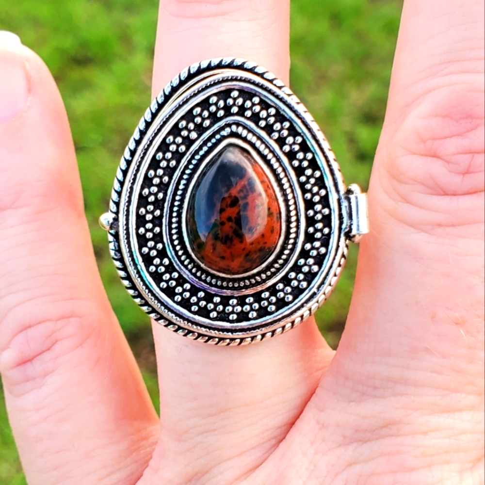 New Huge Mahogany Obsidian 925 Silver Poison Ring.
